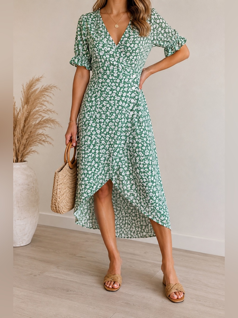 Unbranded Green Floral Wrap Midi Dress High Low Ruffle Sleeve L